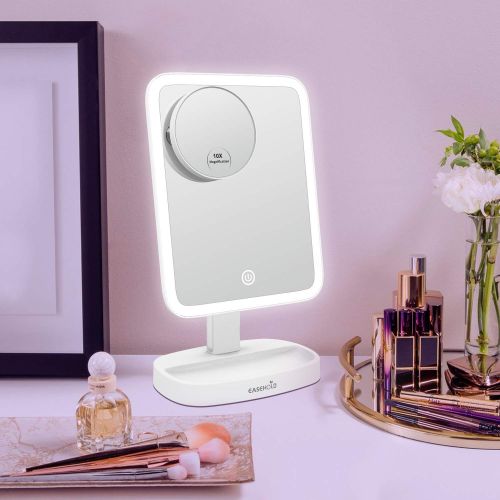  Easehold Lighted Vanity Mirror LED Make Up Mirror Table 10.7 In with 37 LED Lights Detachable 10X Magnifying Spot Mirror Stepless Dimming 180 Degree Rotation Countertop Cosmetic Ba