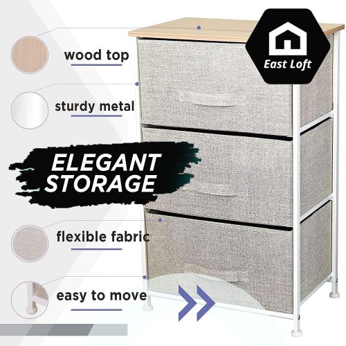  East Loft Nightstand Dresser Storage Organizer for Closet, Nursery, Bathroom, Laundry or Bedroom 3 Fabric Drawers, Solid Wood Top, Durable Steel Frame (Tan)