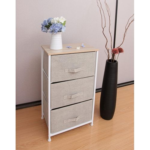  East Loft Nightstand Dresser Storage Organizer for Closet, Nursery, Bathroom, Laundry or Bedroom 3 Fabric Drawers, Solid Wood Top, Durable Steel Frame (Tan)