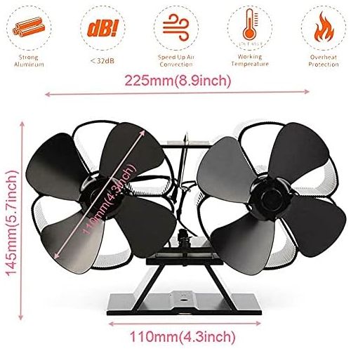  EastMetal Stove Fan with 8 Blade, Double Head Fireplace Fan, Eco Friendly Log Burner Fan, Efficient Heat Distribution Silent Operation Heat Powered, for Gas/Pellet/Wood/Log Burning