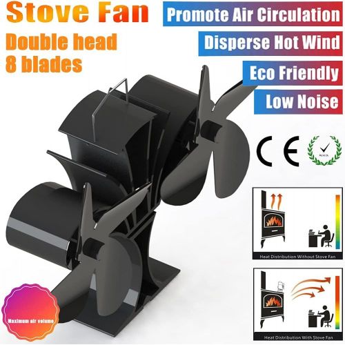  EastMetal 8 Blades Stove Fan, Double Head Stove Top Fan, Heat Powered Save Fuel Fireplace Fan, No Battery or Electricity Required Efficient Heat Distribution, for Gas/Pellet/Wood/L