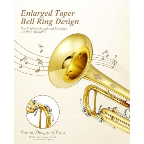  Eastar ETR-390 Standard B Flat Trumpet for Beginners Intermediate, Advanced Upgraded Trumpet Instrument with Hard Case, Cleaning Kit, 7C Mouthpiece, Gloves, Golden