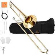 Eastar Bb Tenor Slide Trombone for Beginners Students, B Flat Brass Plated Trombone Instrument with Mouthpiece, White Gloves, Cleaning Kit, ETB-330, Golden