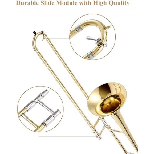  Eastar Bb Tenor Slide Trombone for Beginners Students, B Flat Brass Plated Trombone Instrument with Mouthpiece, White Gloves, Cleaning Kit, ETB-330, Golden