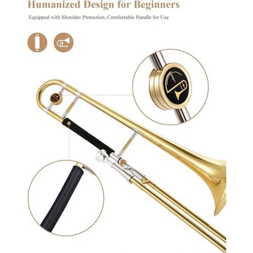  Eastar Bb Tenor Slide Trombone for Beginners Students, B Flat Brass Plated Trombone Instrument with Mouthpiece, White Gloves, Cleaning Kit, ETB-330, Golden