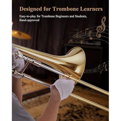  Eastar Bb Tenor Slide Trombone for Beginners Students, B Flat Brass Plated Trombone Instrument with Mouthpiece, White Gloves, Cleaning Kit, ETB-330, Golden