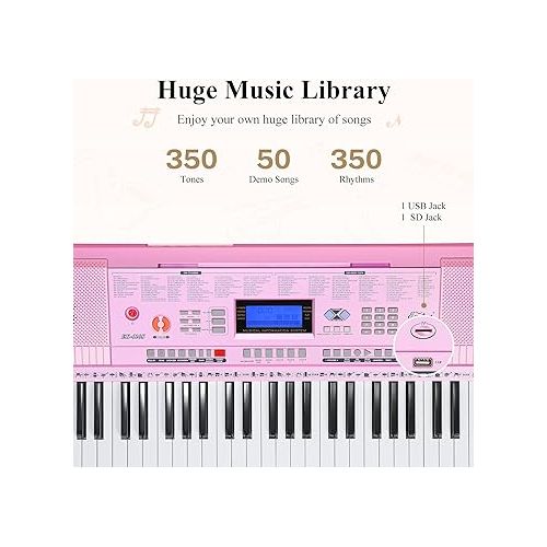  Eastar Electric Piano, 61 Keys Piano Keyboard for Beginners, Digital Piano with Luxury Package, Includes Stand, Bench, Music Stand, Headset, Microphone and Musical Note Stickers, Pink