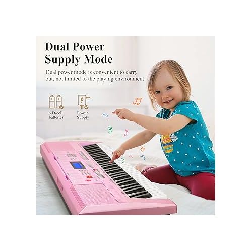  Eastar Electric Piano, 61 Keys Piano Keyboard for Beginners, Digital Piano with Luxury Package, Includes Stand, Bench, Music Stand, Headset, Microphone and Musical Note Stickers, Pink