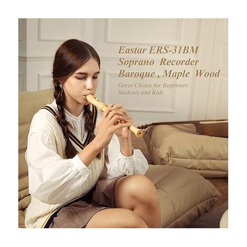  Eastar Soprano Recorder Instrument for Kids Adults Beginners, Baroque fingering C Key Maple Wooden Recorder, 3 Piece Recorder With Hard Case, Fingering Chart, Cleaning Kit, ERS-31BM