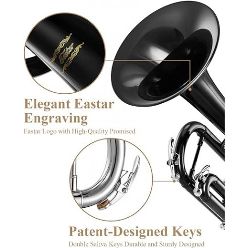  Eastar Bb Trumpet Standard Trumpet Set for Student Beginner with Hard Case, Cleaning Kit, 7C Mouthpiece and Gloves, Brass Bb Trumpet Instrument, Black, ETR-380B