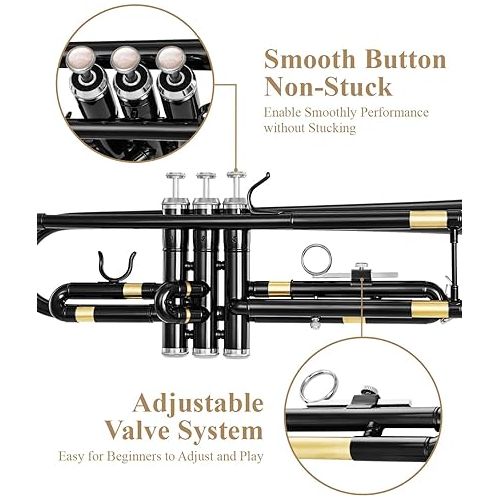  Eastar Bb Trumpet Standard Trumpet Set for Student Beginner with Hard Case, Cleaning Kit, 7C Mouthpiece and Gloves, Brass Bb Trumpet Instrument, Black, ETR-380B