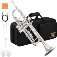 Eastar Bb Standard Trumpet Set for Beginner, Brass Student Trumpet Instrument with Hard Case, Cleaning Kit, 7C Mouthpiece and Gloves, ETR-380N, Silver
