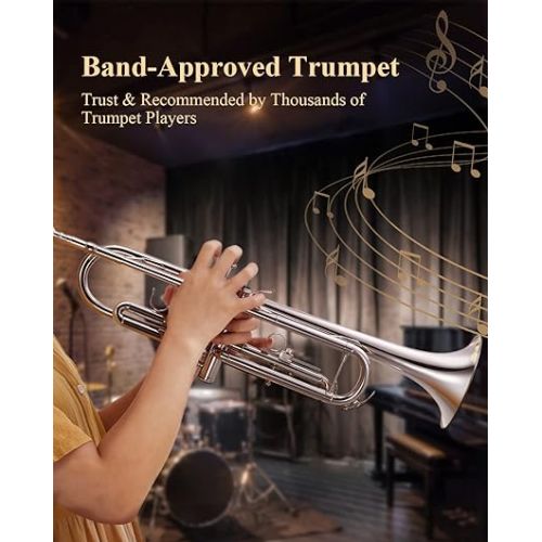  Eastar Bb Standard Trumpet Set for Beginner, Brass Student Trumpet Instrument with Hard Case, Cleaning Kit, 7C Mouthpiece and Gloves, ETR-380N, Silver