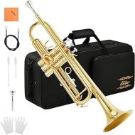 Eastar Bb Standard Trumpet Set for Beginner, Brass Student Trumpet Instrument with Hard Case, Cleaning Kit, 7C Mouthpiece and Gloves, ETR-380, Golden