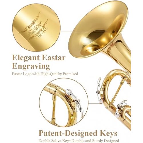  Eastar Bb Standard Trumpet Set for Beginner, Brass Student Trumpet Instrument with Hard Case, Cleaning Kit, 7C Mouthpiece and Gloves, ETR-380, Golden