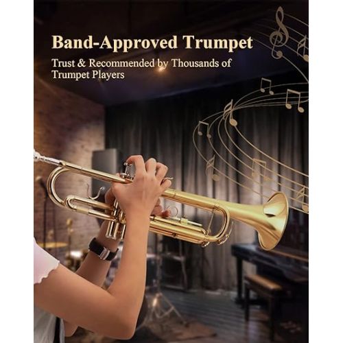  Eastar Bb Standard Trumpet Set for Beginner, Brass Student Trumpet Instrument with Hard Case, Cleaning Kit, 7C Mouthpiece and Gloves, ETR-380, Golden