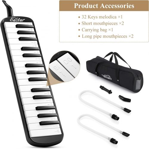  Eastar 32 Keys Melodica Instrument, Soprano Melodica Air Piano Keyboard Pianica with 2 Soft Long Tubes, Short Mouthpieces, Carrying Bag, Black
