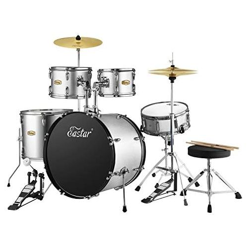  Eastar 22 inch Drum Set Kit Full Size for Adult Junior Teen 5 Piece with Cymbals Stands Stool and Sticks, Metallic Blue