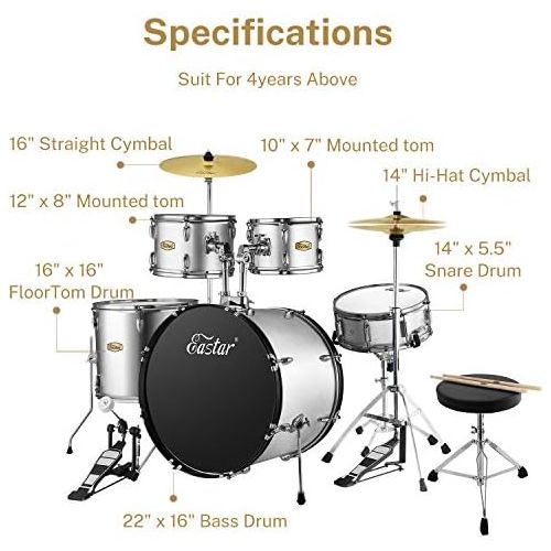  Eastar 22 inch Drum Set Kit Full Size for Adult Junior Teen 5 Piece with Cymbals Stands Stool and Sticks, Metallic Blue