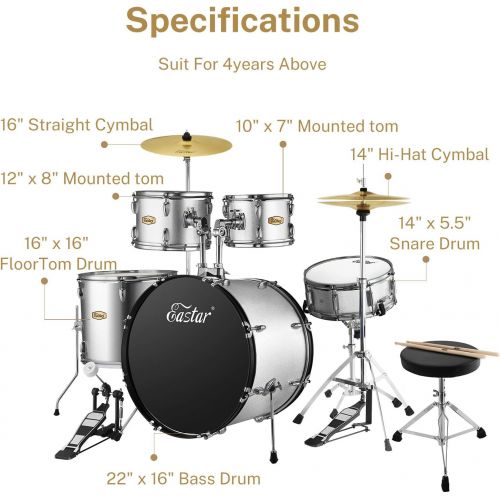  Eastar 22 inch Drum Set Kit Full Size for Adult Junior Teen 5 Piece with Cymbals Stands Stool and Sticks, Metallic Blue