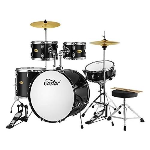  Eastar 22 inch Drum Set Kit Full Size for Adult Junior Teen 5 Piece with Cymbals Stands Stool and Sticks, Mirror Black