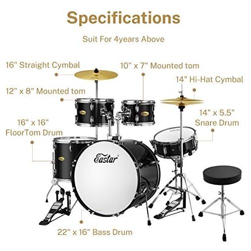  Eastar 22 inch Drum Set Kit Full Size for Adult Junior Teen 5 Piece with Cymbals Stands Stool and Sticks, Mirror Black