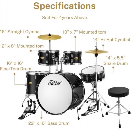  Eastar 22 inch Drum Set Kit Full Size for Adult Junior Teen 5 Piece with Cymbals Stands Stool and Sticks, Mirror Black
