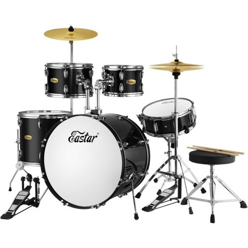  Eastar 22 inch Drum Set Kit Full Size for Adult Junior Teen 5 Piece with Cymbals Stands Stool and Sticks, Mirror Black