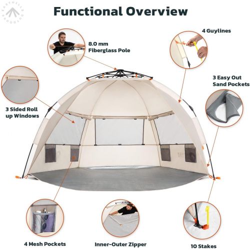  Easthills Outdoors Instant Shader Extended L Easy Up Beach Tent Sun Shelter for 2-4 Person - Extended Zippered Porch Beige