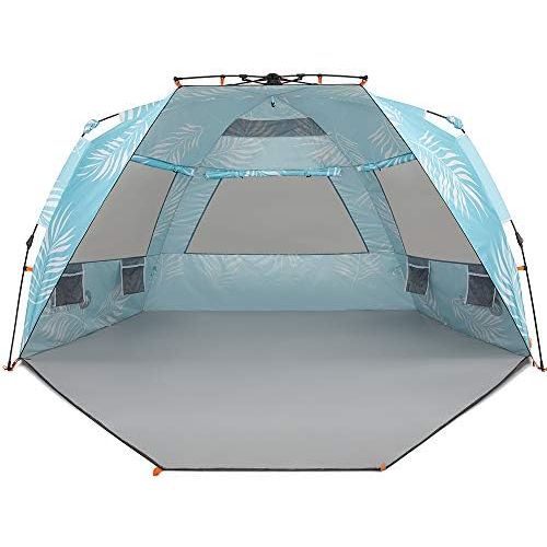  Easthills Outdoors Instant Shader Enhanced (Prints) Deluxe XL Beach Tent 4-6 Person Popup Sun Shelter 99 Wide for Family UPF 50+ Double Silver Coated with Extended Zippered Porch P