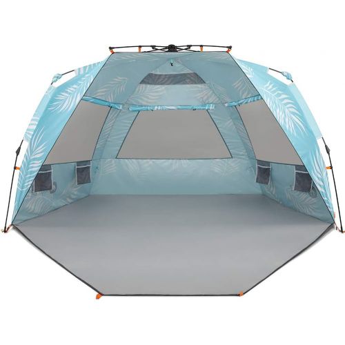  Easthills Outdoors Instant Shader Enhanced (Prints) Deluxe XL Beach Tent 4-6 Person Popup Sun Shelter 99 Wide for Family UPF 50+ Double Silver Coated with Extended Zippered Porch P