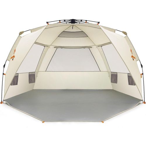  Easthills Outdoors Instant Shader Deluxe XL Beach Tent Easy Up 99 Wide for 4-6 Person Sun Shelter - Extended Zippered Porch Included Beige