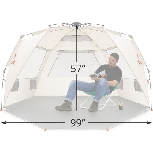  Easthills Outdoors Instant Shader Deluxe XL Beach Tent Easy Up 99 Wide for 4-6 Person Sun Shelter - Extended Zippered Porch Included Beige