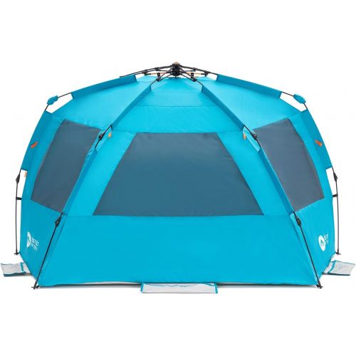  Easthills Outdoors Instant Shader Enhanced Deluxe XL Beach Tent Easy Set Up 4-6 Person Popup Sun Shelter 99 Wide for Family UPF 50+ Double Silver Coating with Extended Zippered Flo