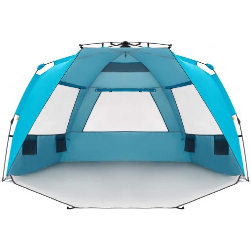  Easthills Outdoors Instant Shader Enhanced Deluxe XL Beach Tent Easy Set Up 4-6 Person Popup Sun Shelter 99 Wide for Family UPF 50+ Double Silver Coating with Extended Zippered Flo