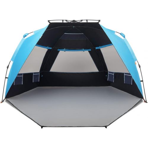  Easthills Outdoors Instant Shader Dark Shelter XL Beach Tent 99 Wide for 4-6 Person Sun Shelter UPF 50+ with Extended Zippered Porch Pacific Blue