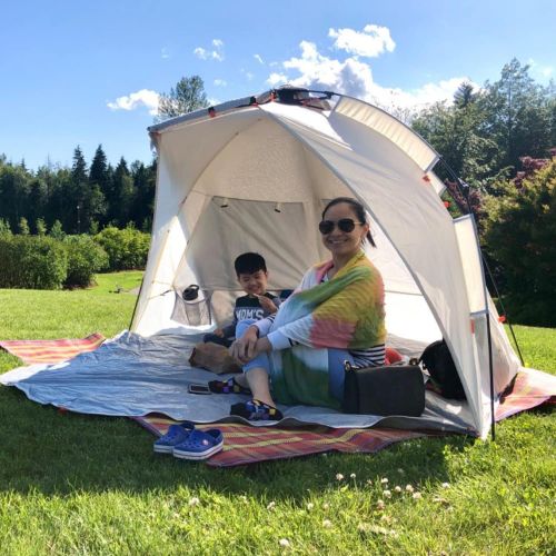  Easthills Outdoors Instant Shader Extended L Easy Up Beach Tent Sun Shelter for 2-4 Person - Extended Zippered Porch Beige