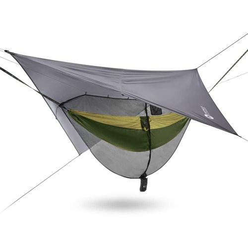  Easthills Outdoors Jungle Explorer 118 x 79 Double Camping Hammock with Separated Mosquito Bug Net and Waterproof Rainfly 2 Person Portable Ripstop Parachute Nylon Hammocks Khaki