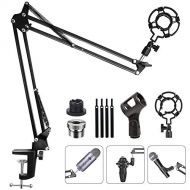 Eastshining Upgraded Adjustable Microphone Suspension Boom Scissor Arm Stand with Shock Mount Mic Clip Holder 3/8’’ to 5/8’’ Screw Adapter -for Blue Yeti, Snowball & Other Microphones (stand w