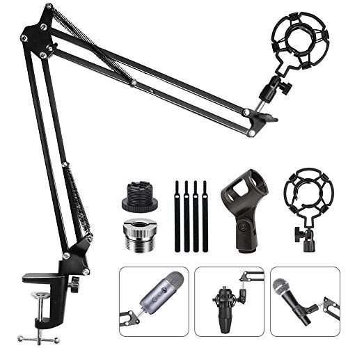  Eastshining Upgraded Adjustable Microphone Suspension Boom Scissor Arm Stand with Shock Mount Mic Clip Holder 3/8’’ to 5/8’’ Screw Adapter -for Blue Yeti, Snowball & Other Microphones (stand w