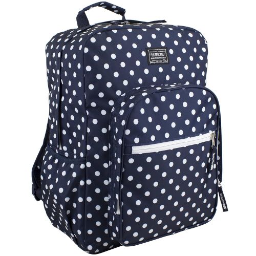  Eastsport Fashion Lifestyle Backpack with Oversized Main Compartment for School or Travel/Hiking, Navy/White Polka Dots