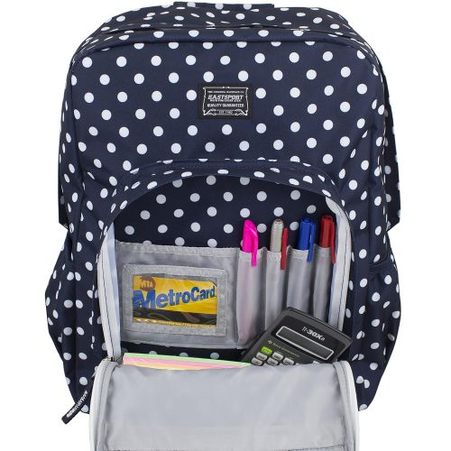  Eastsport Fashion Lifestyle Backpack with Oversized Main Compartment for School or Travel/Hiking, Navy/White Polka Dots