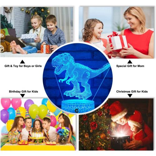  easuntec Dinosaur Toys 3D Night Light with Remote & Smart Touch 7 Colors + 16 Colors Changing Dimmable TRex Toys 1 2 3 4 5 6 7 8 Year Old Boy or Girl Gifts (TRex 16WT)