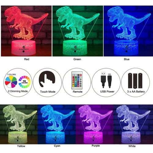  easuntec Dinosaur Toys 3D Night Light with Remote & Smart Touch 7 Colors + 16 Colors Changing Dimmable TRex Toys 1 2 3 4 5 6 7 8 Year Old Boy or Girl Gifts (TRex 16WT)