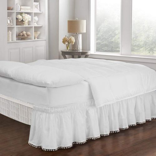  White Luxury Ruffles Pattern 18-Inch Drop Bed Skirt Queen/King Size, Beautiful Pom Pom Fringe Design Borders Ruffled Bed Valance, Features Easy-Stretch, Classic Casual Style, Solid