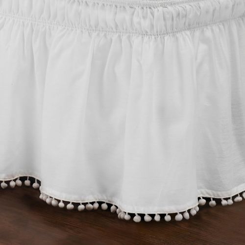  White Luxury Ruffles Pattern 18-Inch Drop Bed Skirt Queen/King Size, Beautiful Pom Pom Fringe Design Borders Ruffled Bed Valance, Features Easy-Stretch, Classic Casual Style, Solid