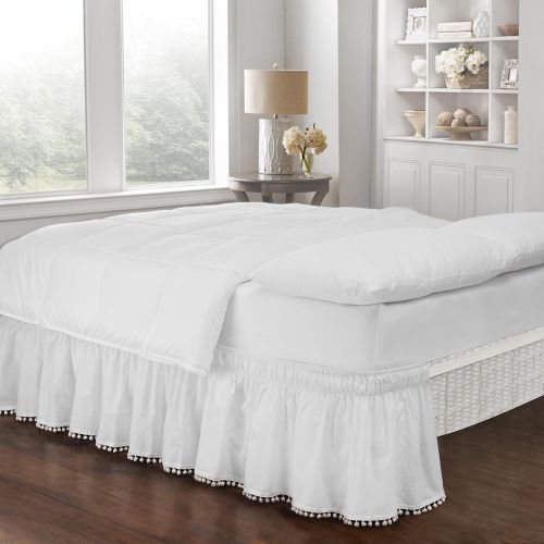  White Luxury Ruffles Pattern 18-Inch Drop Bed Skirt Queen/King Size, Beautiful Pom Pom Fringe Design Borders Ruffled Bed Valance, Features Easy-Stretch, Classic Casual Style, Solid