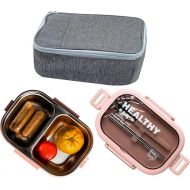 2 Compartment Lunch Box Bento Box with Lunch Bag & Cutlery Set, 28oz Leakproof, Reusable, Stainless Steel Portion Control Container, Fruit, Salad, Bento Snack Box - Pink Meal Prep Container