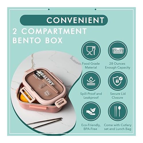  2 Compartment Lunch Box Bento Box with Lunch Bag & Cutlery Set, 28oz Leakproof, Reusable, Stainless Steel Portion Control Container, Fruit, Salad, Bento Snack Box - Pink Meal Prep Container