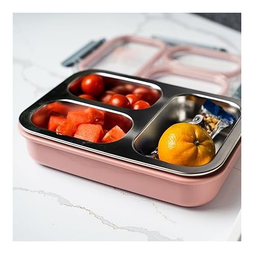  3 Compartment Stainless Steel Bento Box, 40oz Meal Prep Togo Container Reusable Bento Lunch Box for Adults, Leak & Spill Proof Snack Box, Portion Control Lunch Box with Compartments - Pink